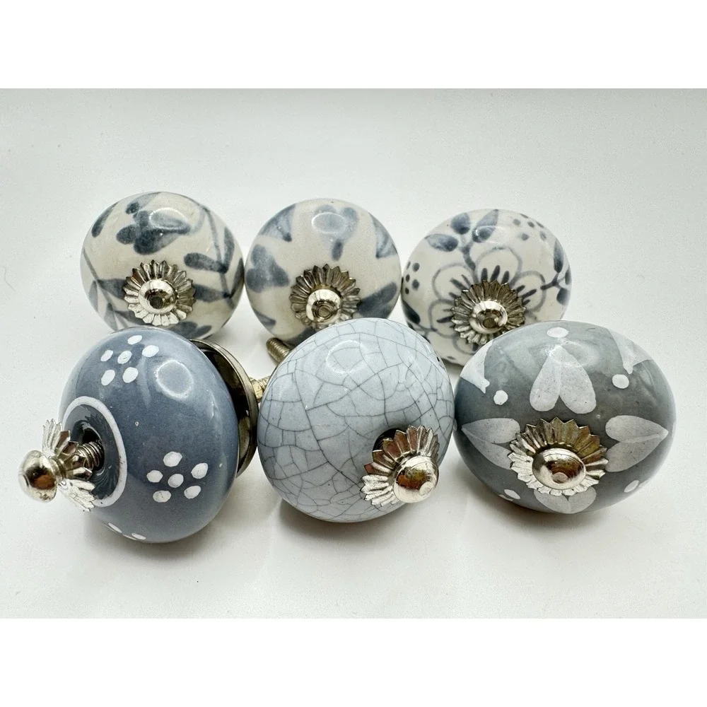 Blue Gray Ceramic Drawer Knobs‎ Set 6 Floral Cabinet Pulls Farmhouse Decor